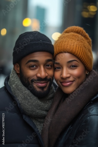 Smiling couple wearing winter hats and scarves in urban cityscape