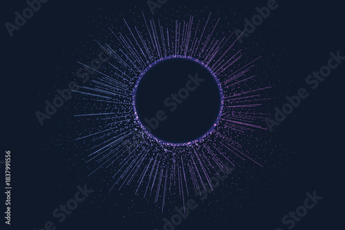 Digital information network glowing with purple and blue data connections spreading from a central core