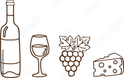 Simple outline drawing of wine, a glass, grapes, and a cheese wedge for menus