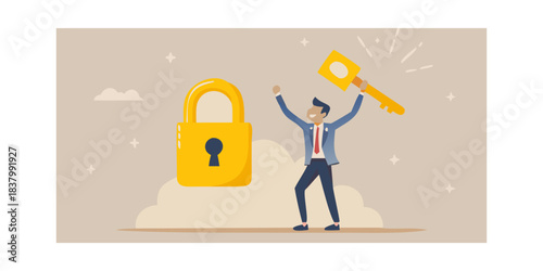 A man celebrates unlocking success with a golden key and padlock