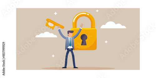 A businessman unlocks a golden padlock symbolizing success and achievement