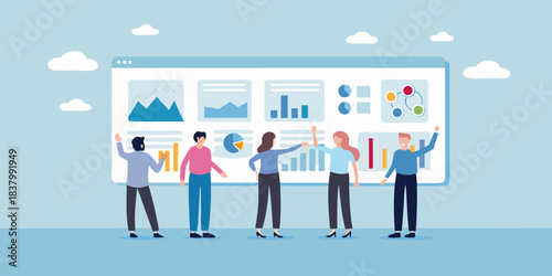 Team collaboration analyzing data and presenting insights on a large screen display