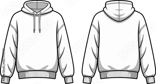 White hoodie front and back view, drawstring sweatshirt mockup, fashion flat sketch, apparel design template, cad drawing flat vector illustration