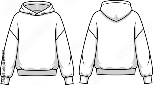 White hoodie front and back view, loose fit sweatshirt mockup, fashion flat sketch, apparel template, cad drawing flat vector illustration