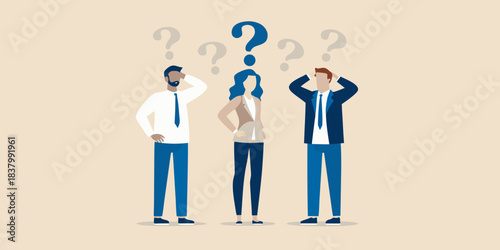 People pondering with question marks above their heads in a minimalist style