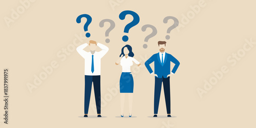 Business people facing uncertainty with question marks above their heads