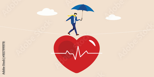 Man walking on a tightrope above a heart with an umbrella