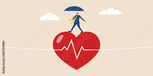 A businessman carefully walks a tightrope over a heart with an ekg line