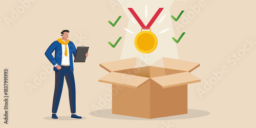 Man with clipboard observes a golden medal emerging from an open box