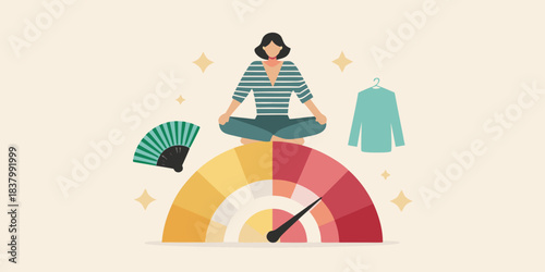Woman meditating above a color spectrum and surrounding decorative elements