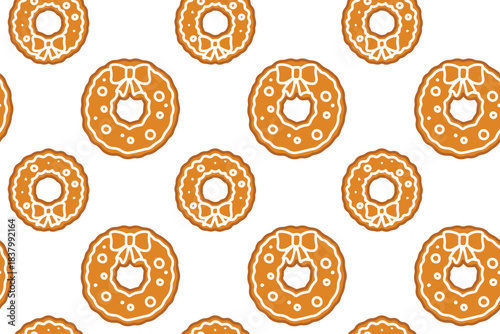 Endless texture of round holiday wreaths baked as biscuits. Decorative background with glazed gingerbread circles for winter season design.