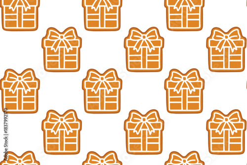 Festive background featuring repeating baked present boxes with bows. Endless texture of glazed gingerbread cookies for holiday wrapping paper.