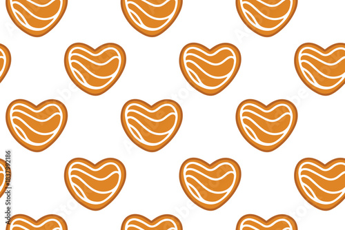 Romantic holiday texture featuring baked hearts with white icing. Sweet pattern of love symbols made of gingerbread for Christmas or Valentine