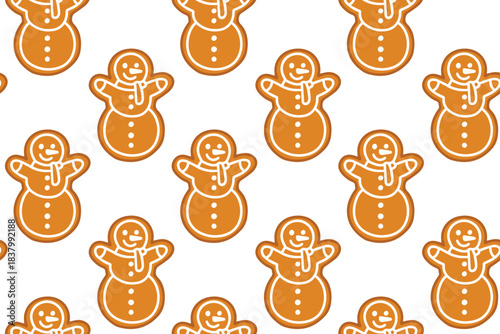 Festive background with repeating baked snowmen characters. Endless texture of glazed holiday biscuits for kids wrapping paper or fabric.