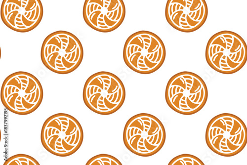 Sweet background featuring swirl lollipop or candy biscuits. Repeating texture of glazed round treats for Christmas dessert theme design.