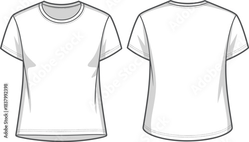 Plain white t-shirt technical sketch front and back, fashion flat, garment design template, apparel vector, cad drawing flat vector illustration
