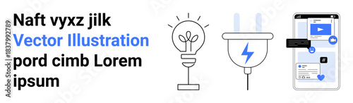 Sustainable energy, innovation, eco-awareness, digital communication, modern technology, renewable power. Light bulb, electric plug and smartphone icon set. Sustainable energy and innovation concept