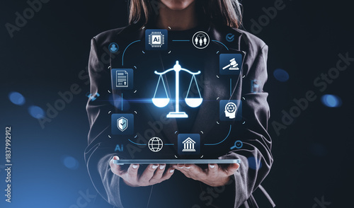 Futuristic AI law concept with glowing justice scale and legal i