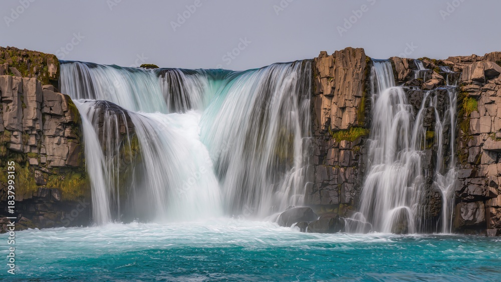 Fototapeta premium Powerful Waterfall Over Basalt Cliff into Turquoise Pool