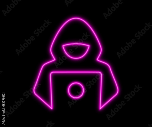 Neon hacker with hoodie and a laptop. Cyber, computer crime and virus vector icon.