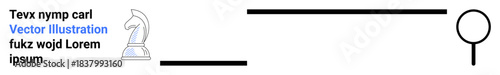 Strategic planning, problem-solving, research analysis, decision-making, connections, clarity. Chess knight, text lines and magnifying glass. Strategy and problem-solving concept