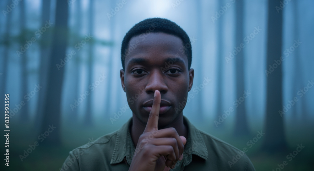 Fototapeta premium Man keeping a secret with finger on lips in quiet foggy forest, symbolizing silence, privacy, mystery, and contemplative solitude