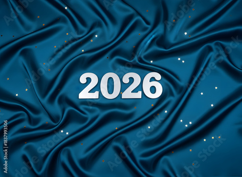 Elegant 2026 New Year celebration background with silver numbers and golden stars on teal silk fabric.