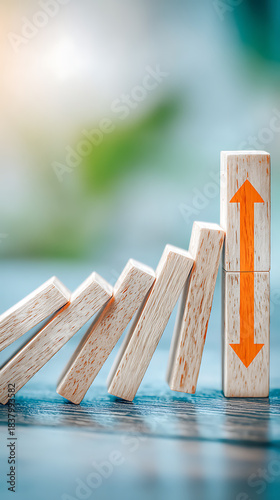 Financial growth concept with wooden block, risk management idea, investment strategy symbol, market trend signal, planning vision for 2026 steady mood