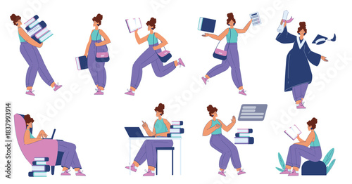 Woman Student Character Engaged in Education and Study Vector Set