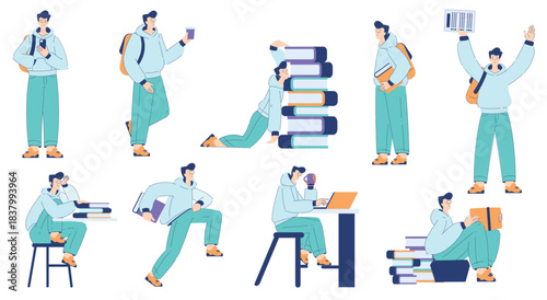 Man Student Character Engaged in Education and Study Vector Set