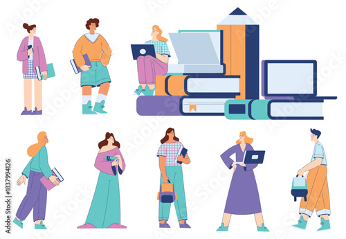 Man and Woman Student Character Engaged in Education and Study Vector Set