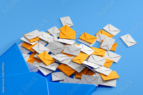 Overflowing pile of orange and white envelopes spilling from a blue envelope on blue background, symbolizing email spam or scam messages concept. 3D Rendering