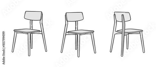 Three chairs front and three-quarters view isolated , interior furniture for dining room, kitchen, or modern living space - vector illustration
