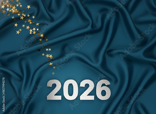 Elegant 2026 New Year celebration background with silver numbers and golden stars on teal silk fabric.