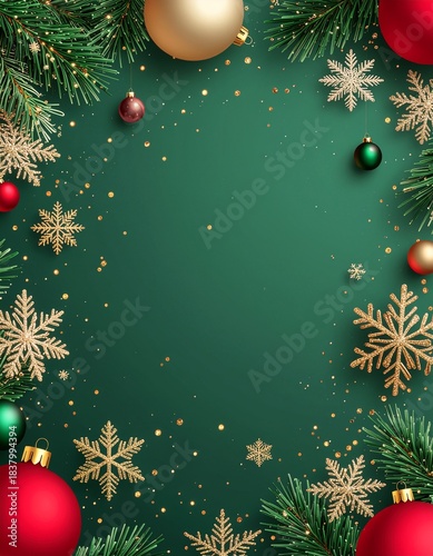 Luxury holiday background with gold sparkles, snowflakes, and elegant red and green