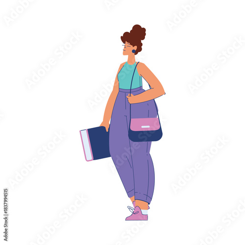 Woman Student Character Walk with Book and Handbag Engaged in Education and Study Vector Illustration