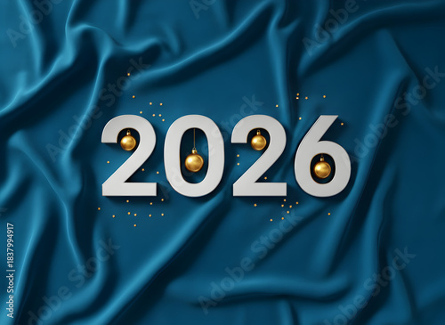 Elegant 2026 New Year celebration background with silver numbers and golden stars on teal silk fabric.