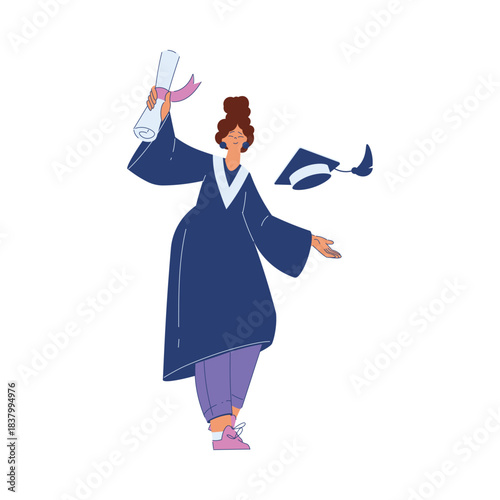 Woman Student Character in Graduation Gown with Diploma Engaged in Education and Study Vector Illustration