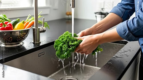 Hands washing fresh lettuce in a modern kitchen sink.