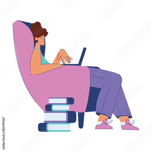 Woman Student Character Sit at Laptop Engaged in Education and Study Vector Illustration