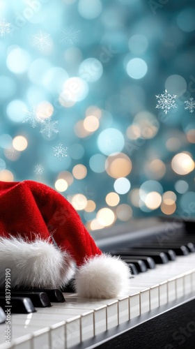 Piano keys adorned with a red Christmas hat against a festive background of sparkling lights and snowflakes