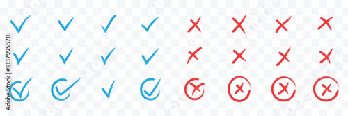 Check tick mark icon set. Cross box x check mark checkbox v list vector draw hand drawn sketch doodle brush marker checklist symbol wrong right circle. Vector Illustration. Cross box x check mark icon