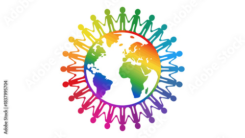 Rainbow globe surrounded by people holding hands on a white background