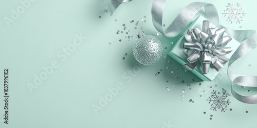Elegant holiday gift presentation with silver ribbon and ornament on mint background