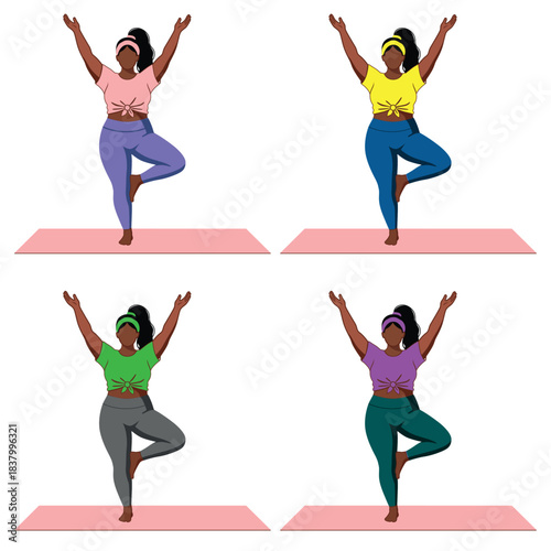 Vector Illustration Set of Plus Size Woman in Yoga Tree Pose: Body Positive Fitness Character in 4 Color Variations