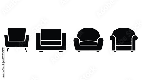 Four different black armchair icons in a row on a white background