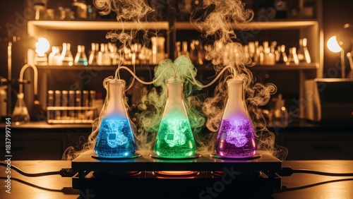 Colorful Glowing Erlenmeyer Flasks Experiment in Bar