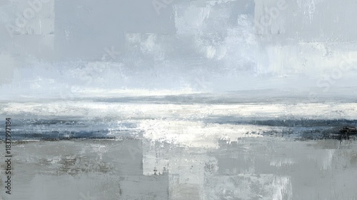 Abstract seascape painting capturing light and shadow play over sea and sand in tranquil tones