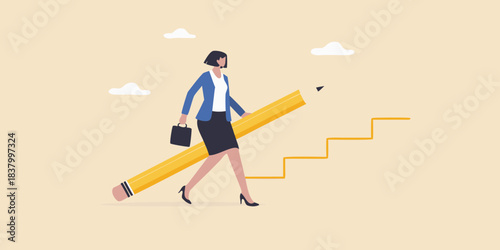 Woman walking on a pencil shaped staircase symbolizing career progression
