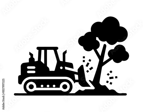 Solid black glyph icon of a tracked bulldozer/excavator pushing over a tree. Represents large-scale deforestation, heavy machinery logging, land clearing, and environmental impact. Ideal for industry 